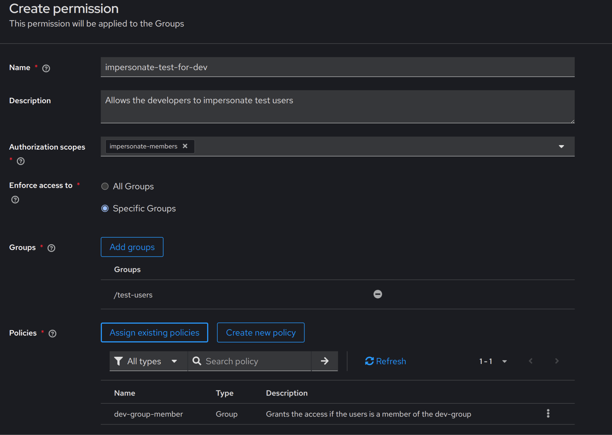 Рисунок 4. Налаштування дозволу 'impersonate-members'.