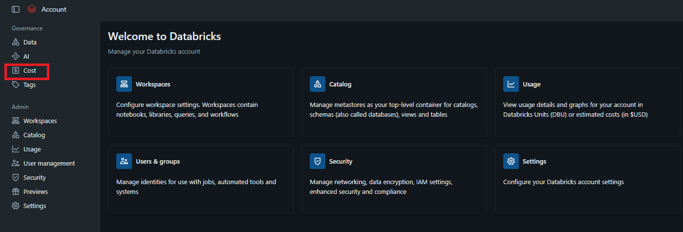 Picture 3. Governance Hub in the Databricks account console, showing the Data, AI, and Cost pages in the left sidebar.