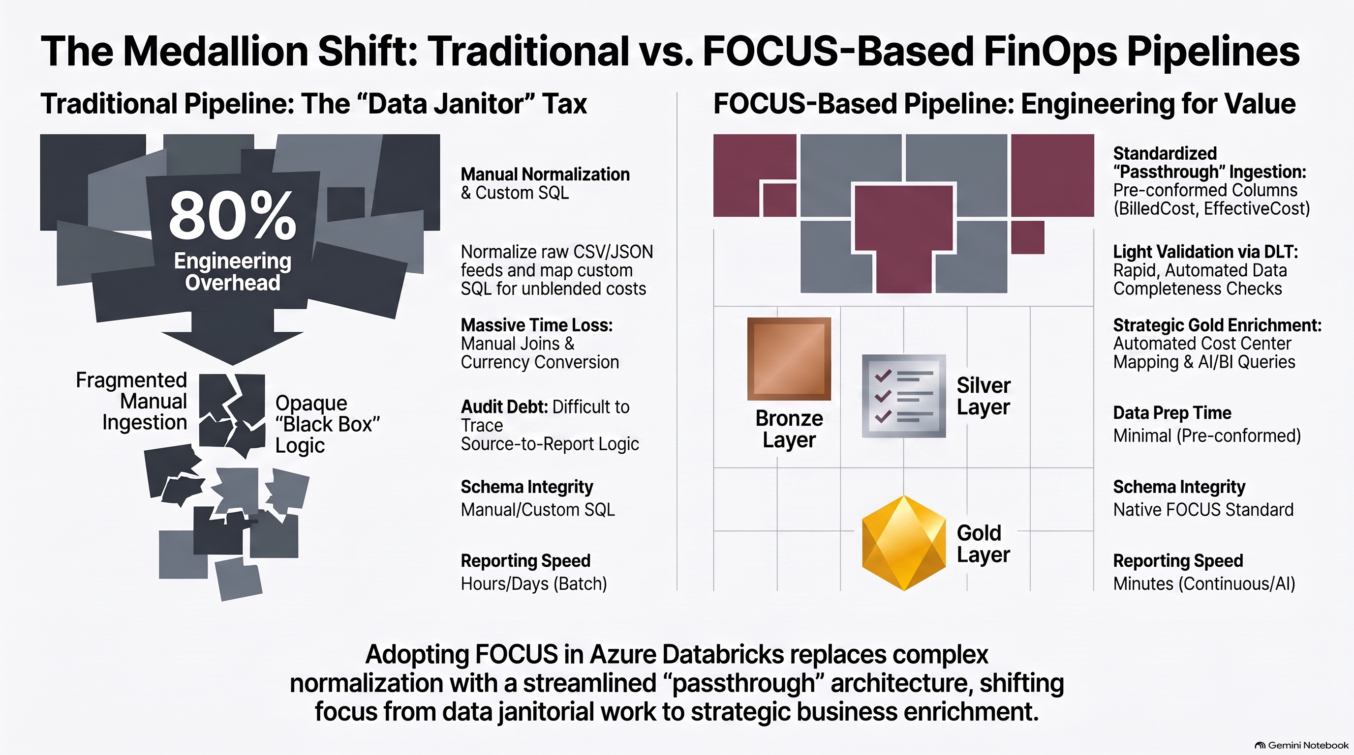 Picture 1. Traditional Medallion cost pipeline with manual schema mapping vs. a FOCUS-based pipeline with light validation.