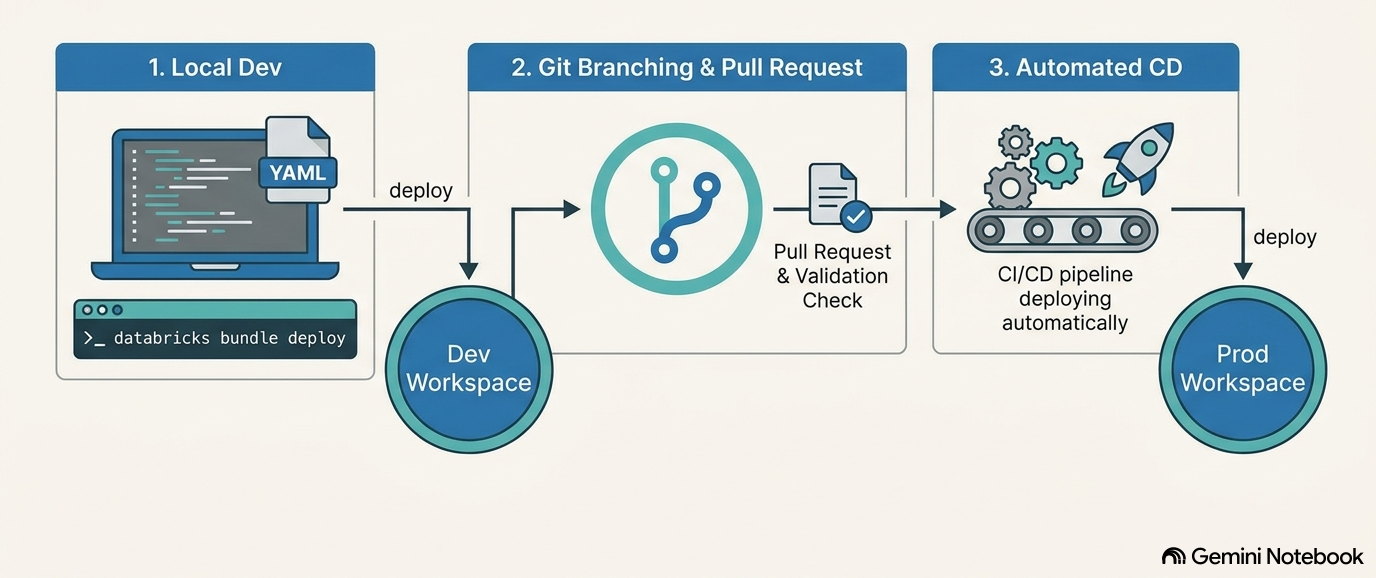 Рисунок 2. CI/CD flow Databricks Asset Bundle, який проходить із dev target у prod target через pull-request validation.