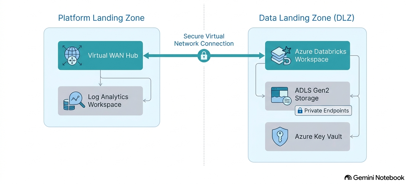 Рисунок 1. Основа governance у Platform Landing Zone та workload subscription у Data Landing Zone, з management group-ами, hub-spoke networking і private endpoints.